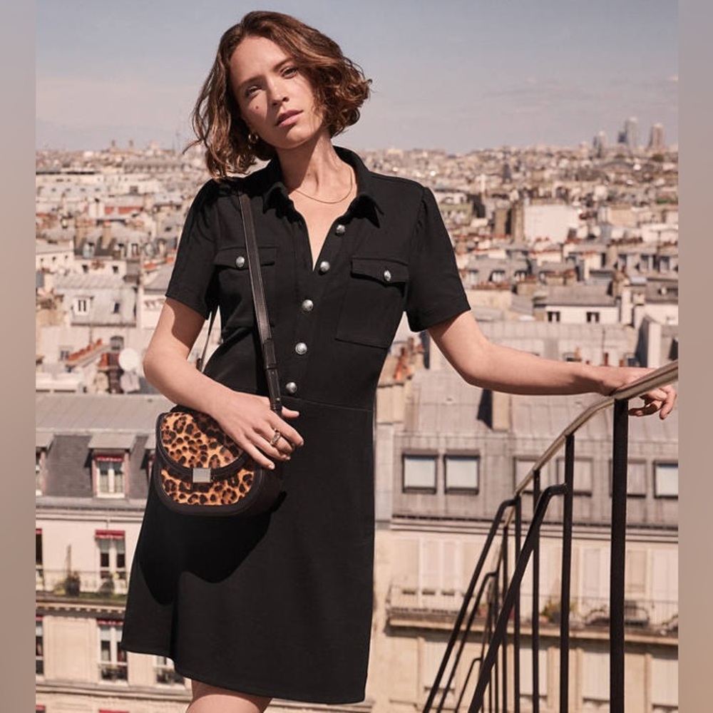 LOFT Black Short Sleeve Mini Dress with Silver Buttons